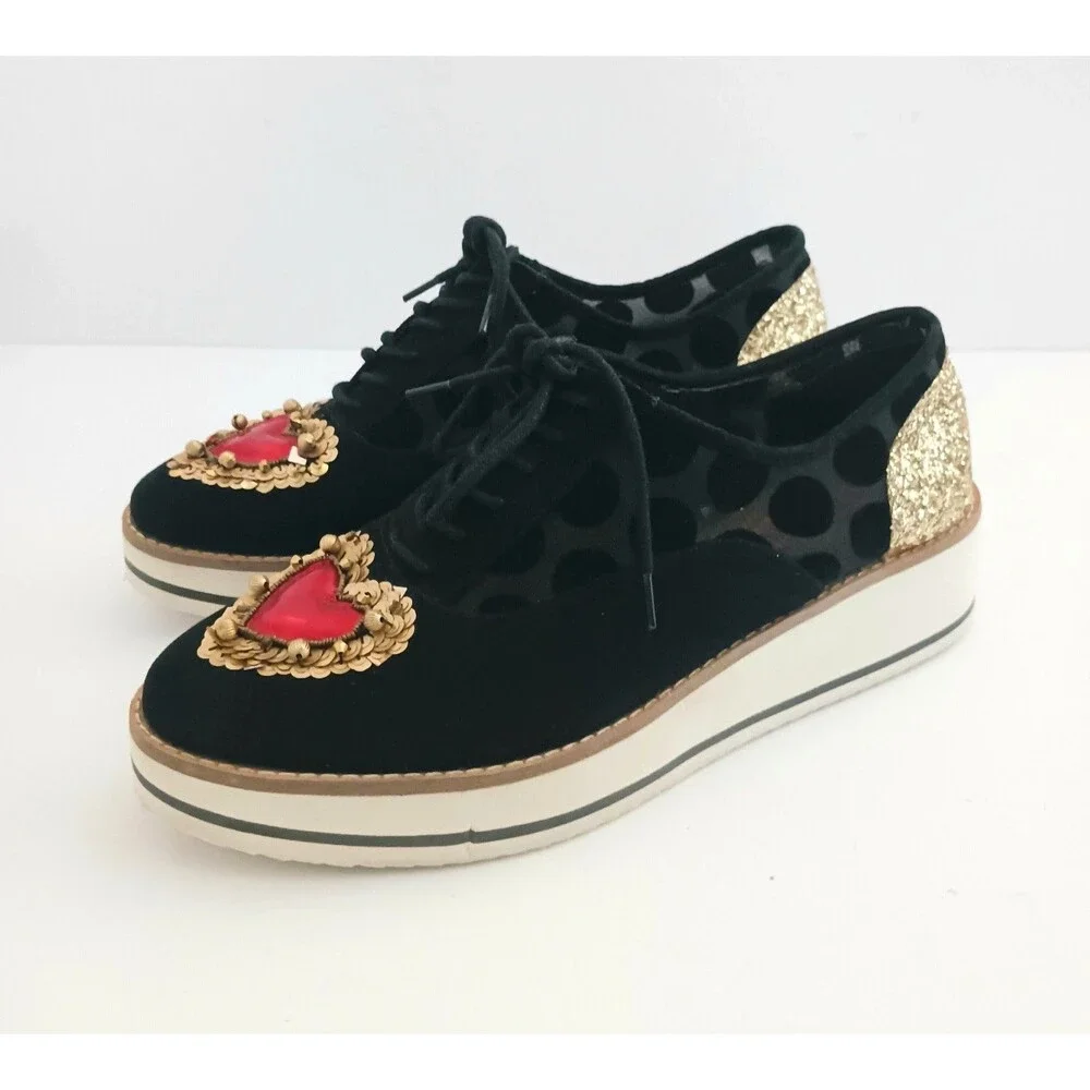 Betsey Johnson Winnie Platform Lace Up Oxford Blk Suede/Mesh Gold Sequin Heart